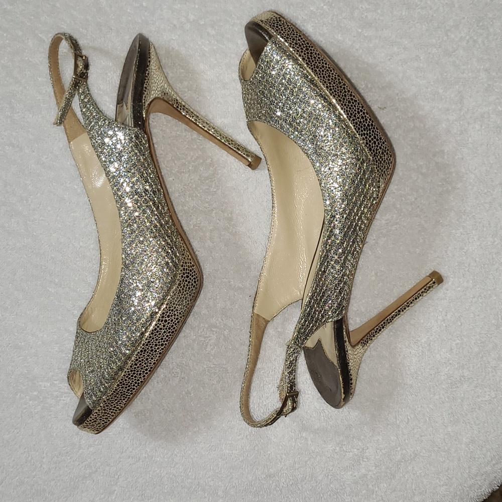 Jimmy Choo “Nova” Gold Glitter Slingback Open Toe Heels Size 381/2